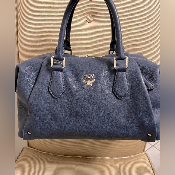 MCM Slate Blue Pebbled Saffiano Leather Satchel - Picture 7 of 17